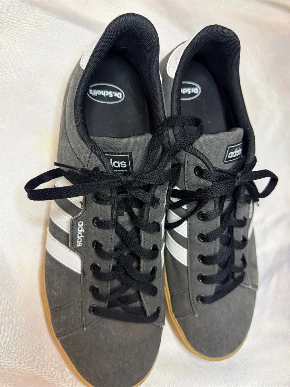 adidas Gray Sneakers with White Stripes and Gum Sole